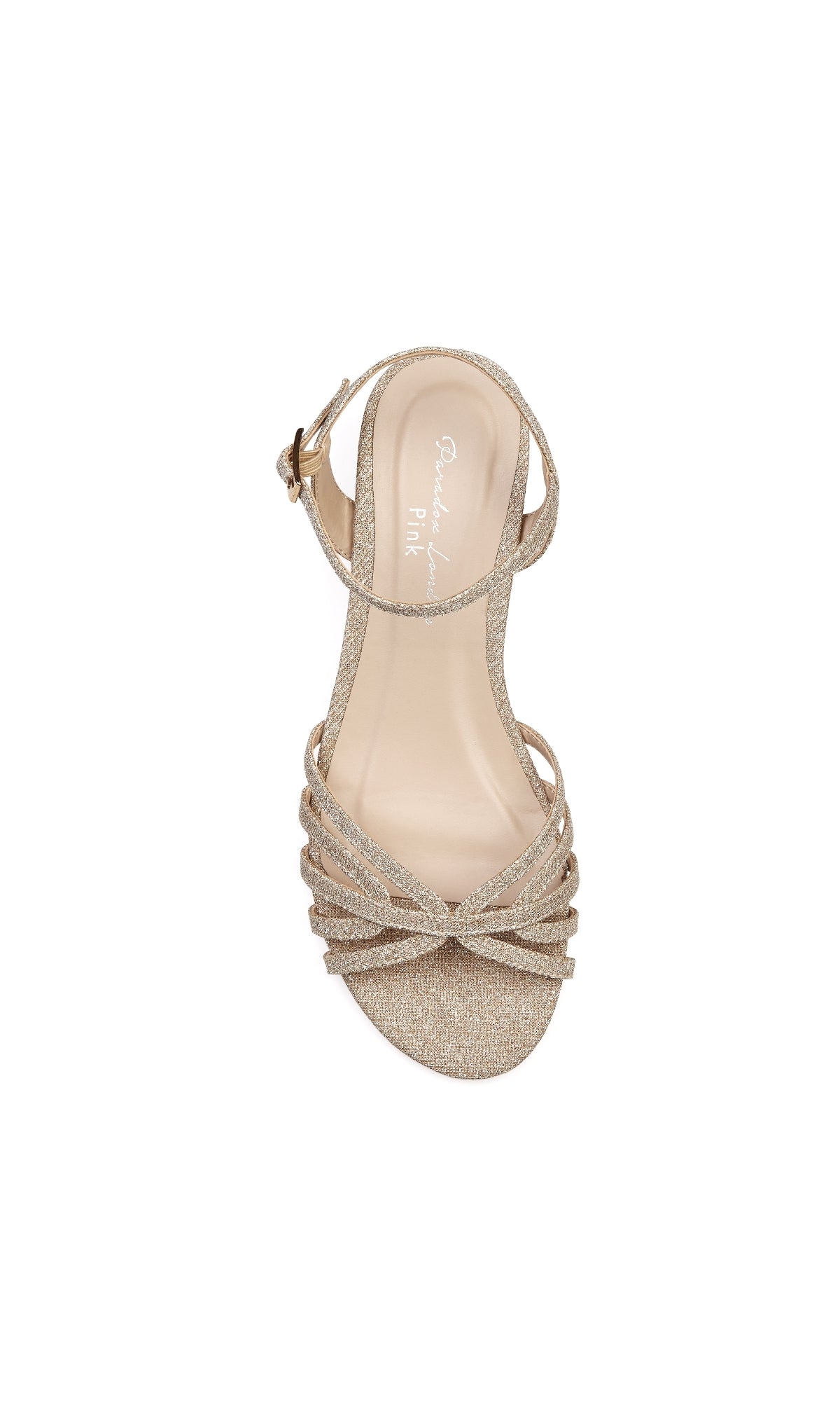 A top view of the Winslow Champagne Prom Shoes by Paradox London (P1842): a single gold glittery open-toe sandal with multiple straps, an ankle strap, and a chic wedge heel.